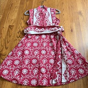 SUE SARTOR Shorty Sleeveless Flounce Dress Belt Sash Red White Floral Tuckernuck